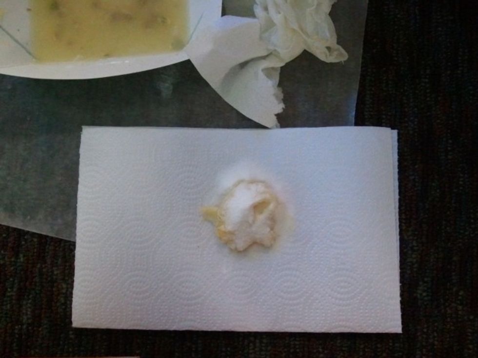 Pour some natron on top of the pulp.  Fold the clean paper towel up and around the pulp and natron.  It should look like a sac rather than like a ball.