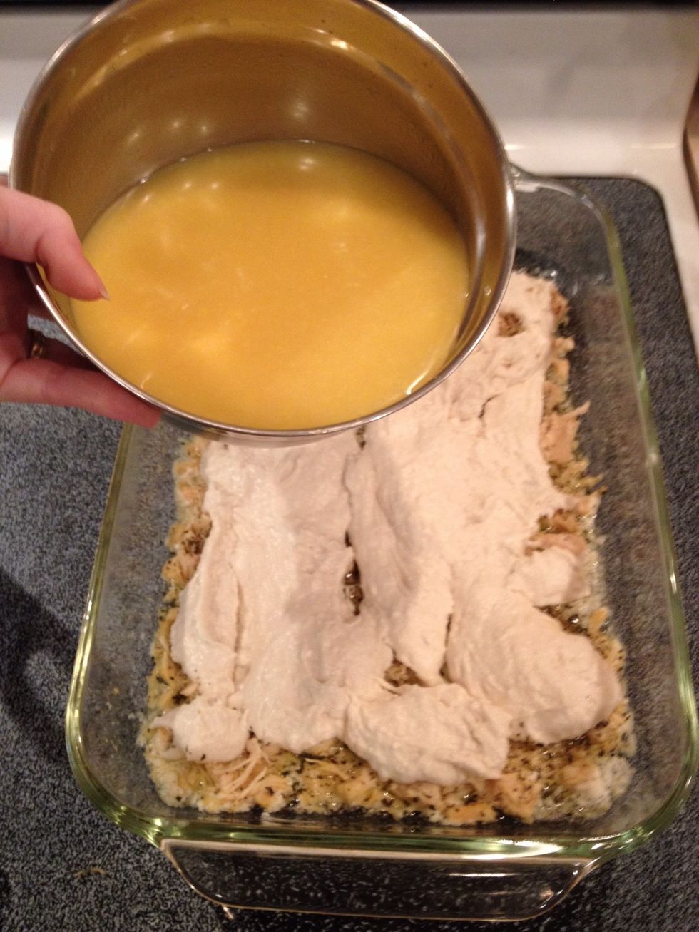 Pour soup mixture over chicken and dumplings.