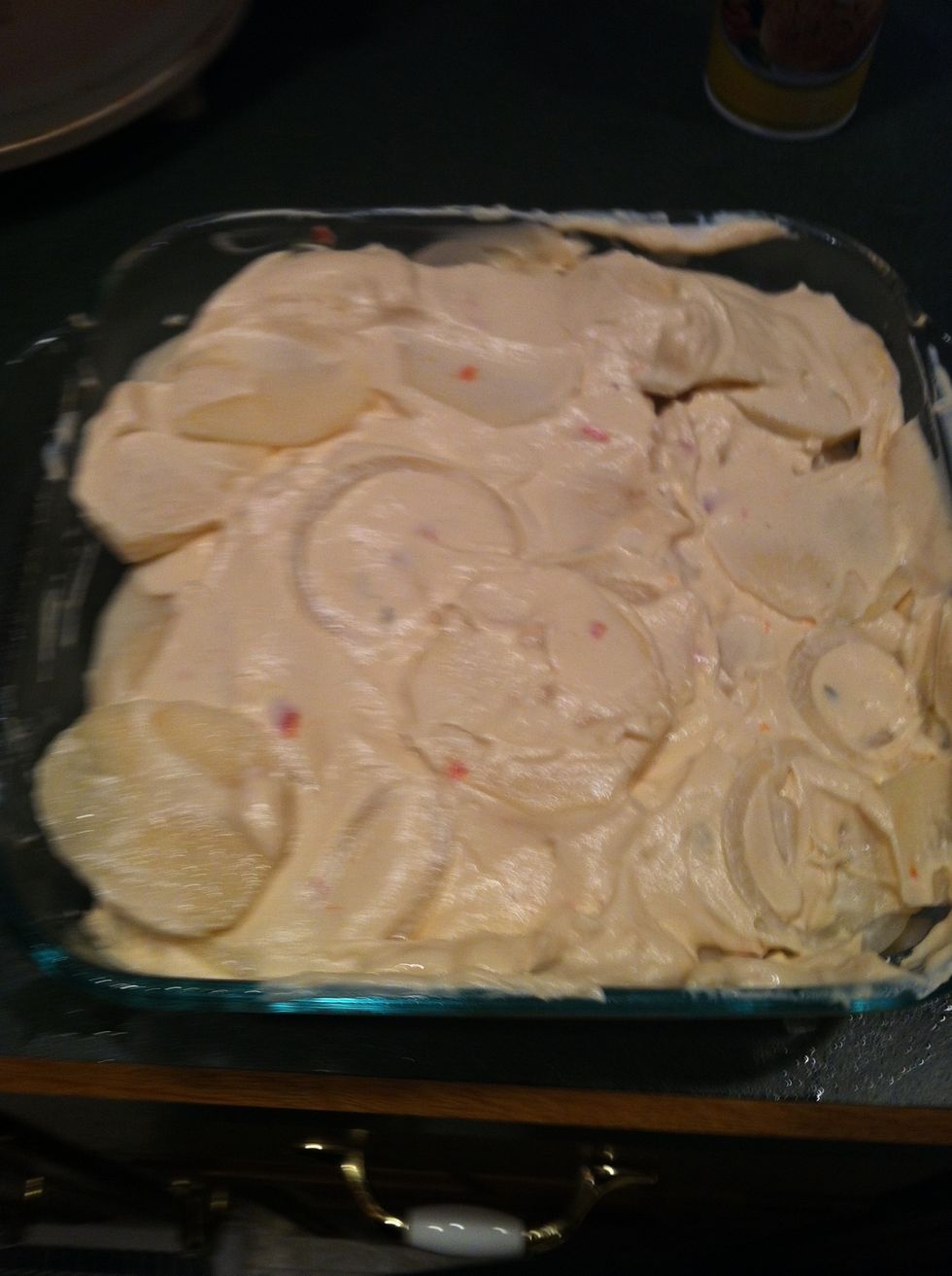 Pour soup mixture over potatoes