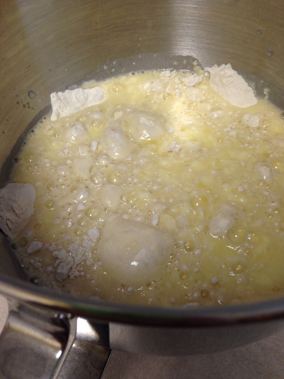 Pour "soured" milk in floured mixture.