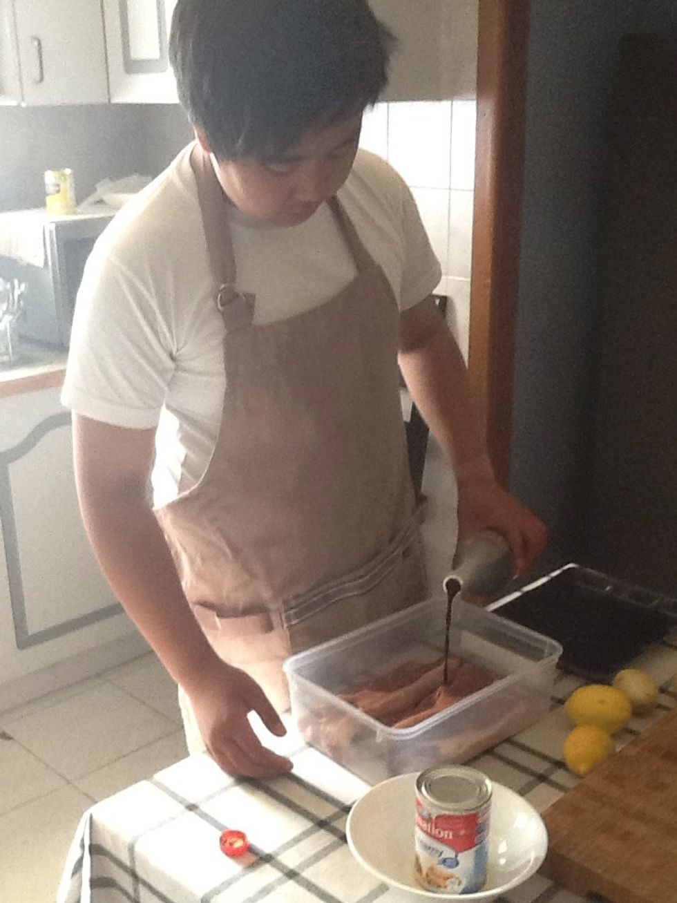 Pour soy sauce over the steak, until its just about cleared the base (you can't see the bottom)