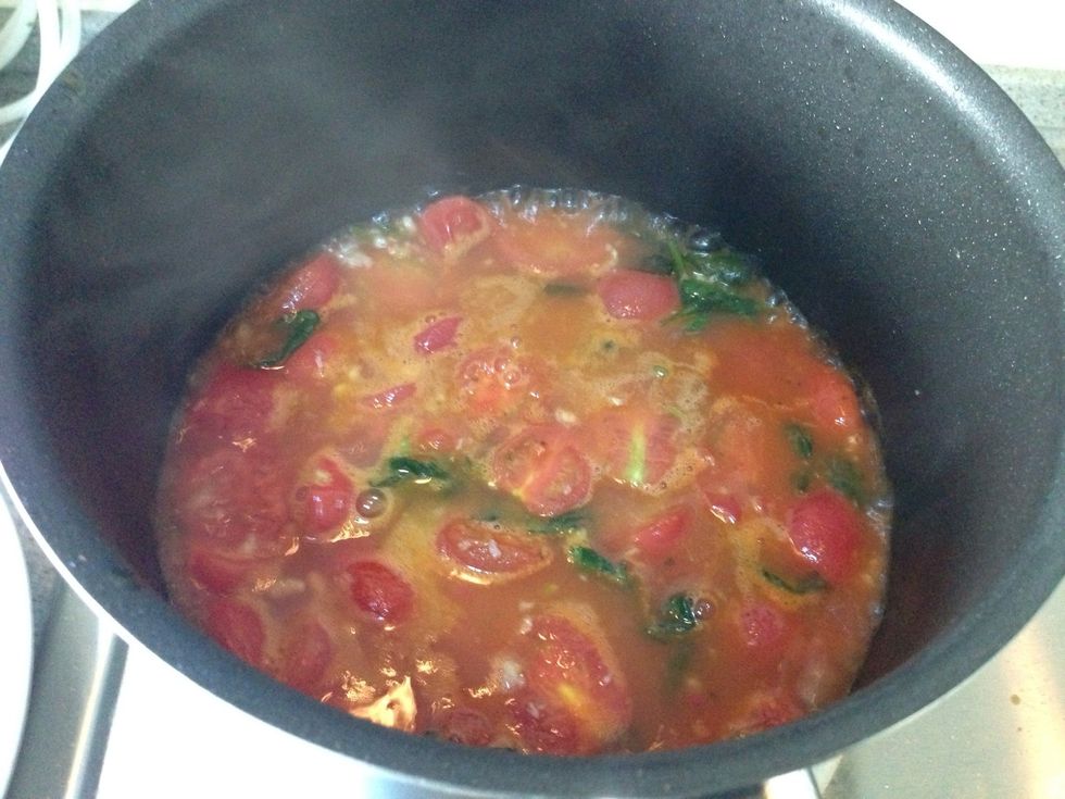 Pour stock, tomato paste. Stir, soft fire. When tomato boiled quickly add Con. tomato paste.