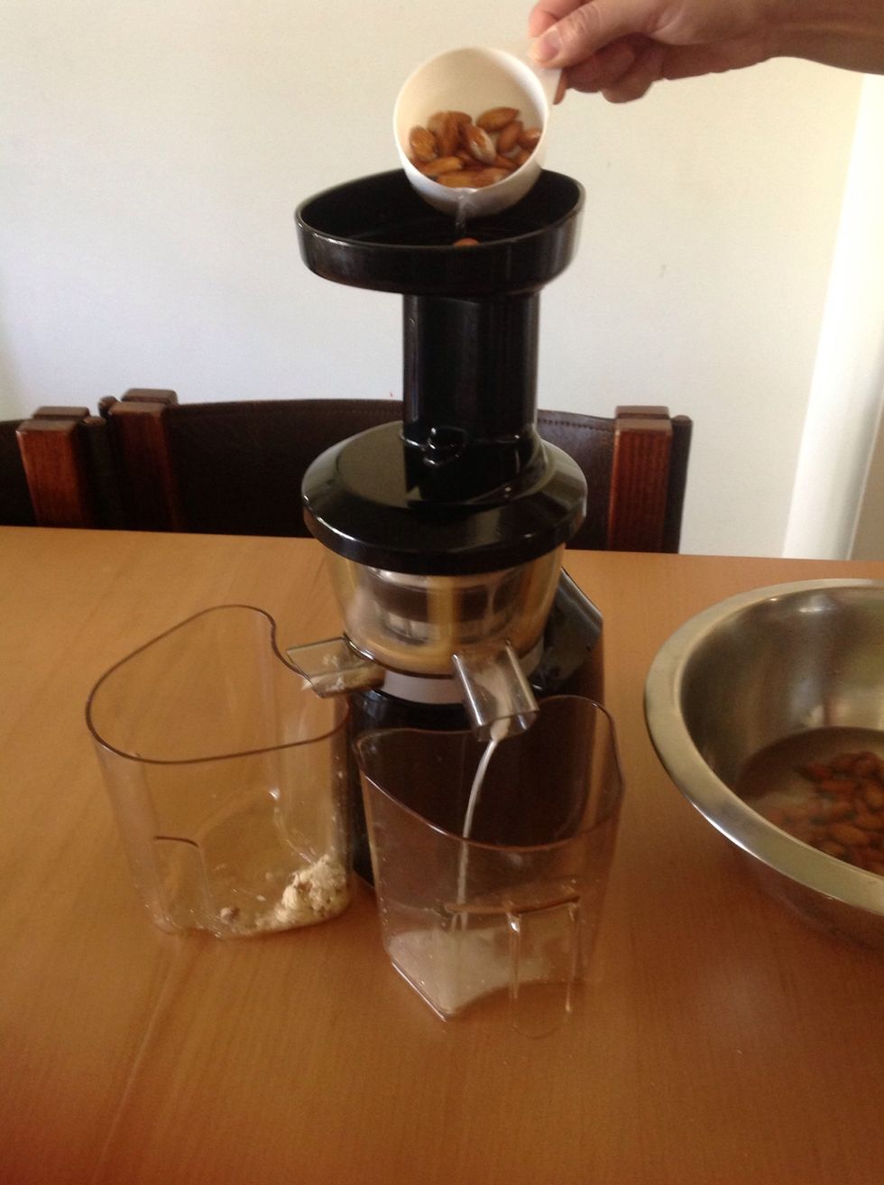 Pour the almonds into the juicer.