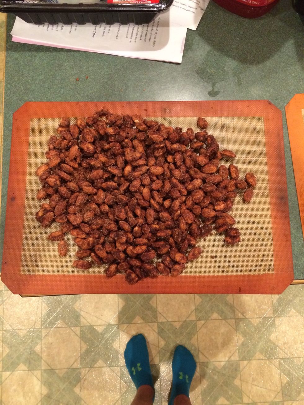Pour the almonds out on parchment paper or a nonstick pan and let them cool and dry for about an hour.
