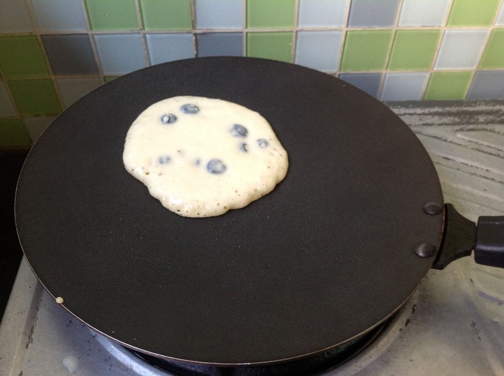 Pour the amount of batter you want (I used a 1/3 cup measurement) on a greased pan. Once you see bubbles start forming, flip them over. :)