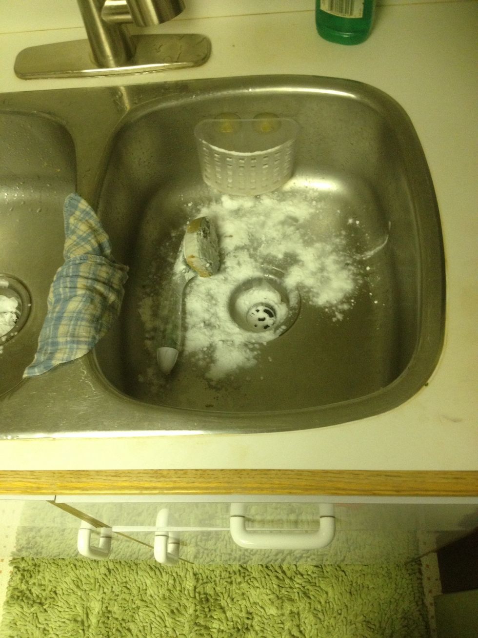 Pour the baking soda all over your sink, drain, and that nasty sponge you know you have. The longer the baking soda rests on a surface, the more it'll clean and remove stains from that surface!