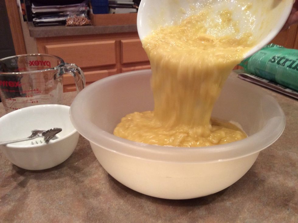 Pour the banana mixture into the flour mixture and mix together