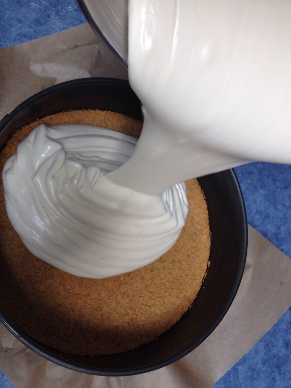 Pour the batter (all of it) into the cooled springform pan.