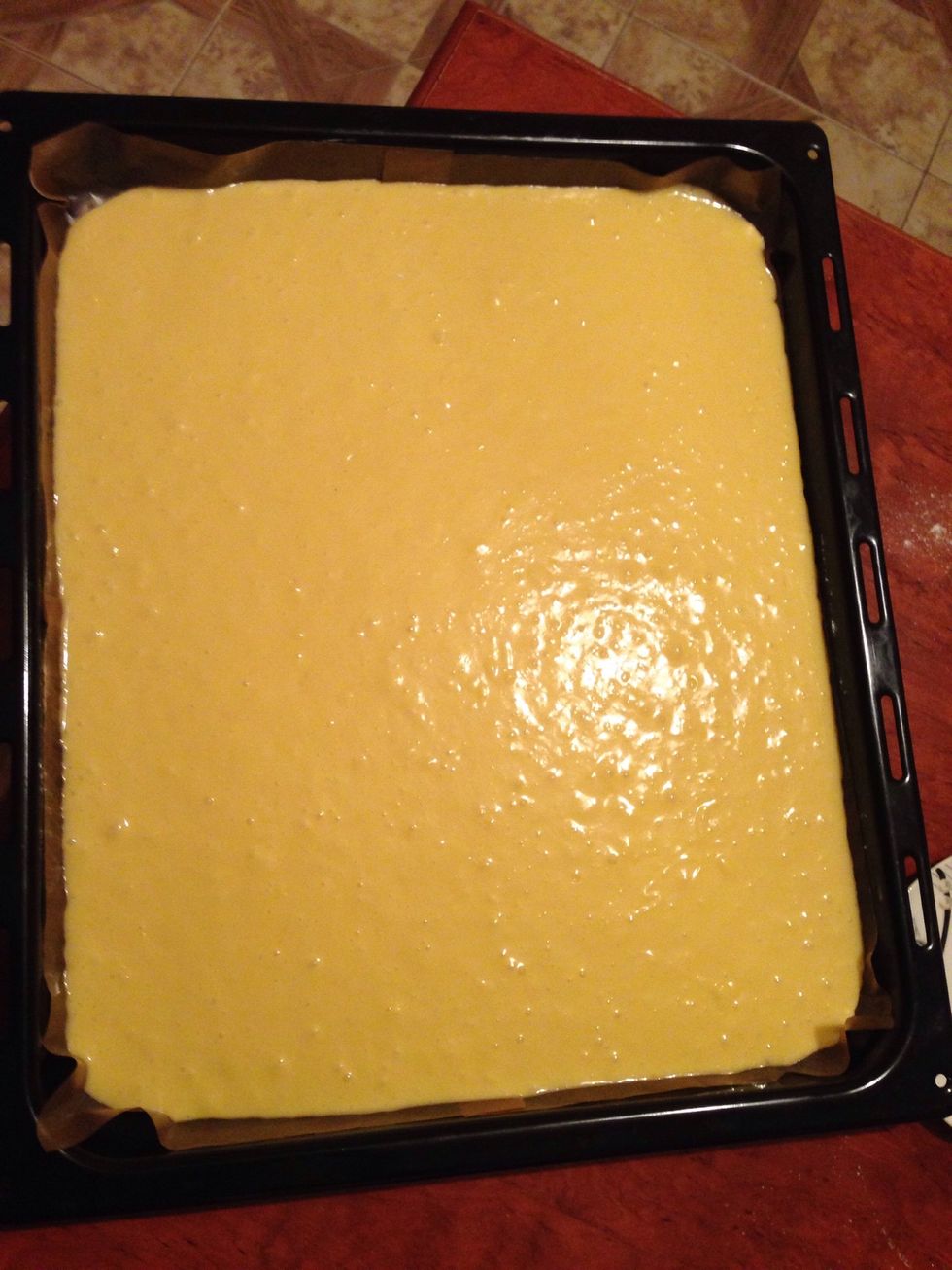 Pour the batter evenly throughout baking sheet and bake at 350c for 30 minute