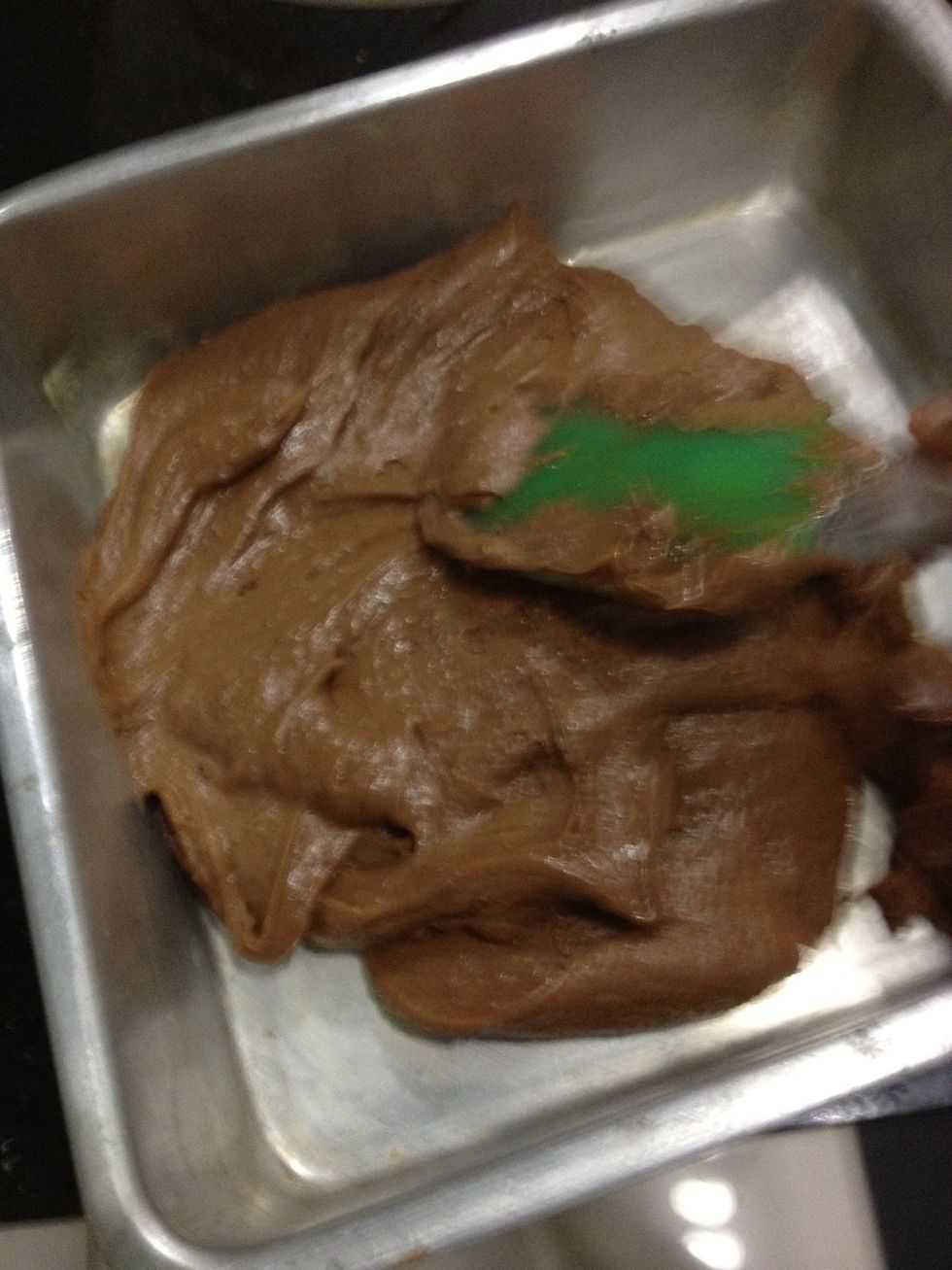 Pour the batter in a greased pan, I think mine is 8x8, and level it.