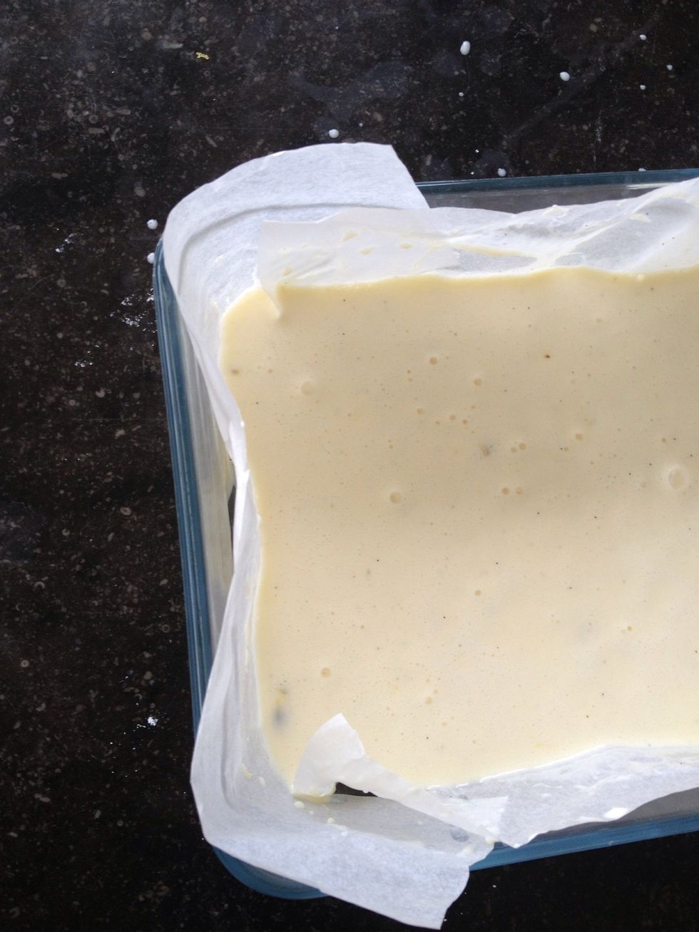 Pour the batter in a small oven dish, covered with a sheet of baking paper greased with butter or vegetable oil.