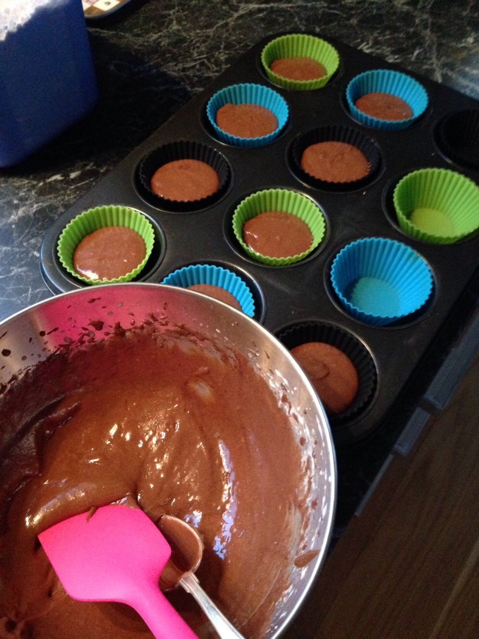 Pour the batter into muffin cups.