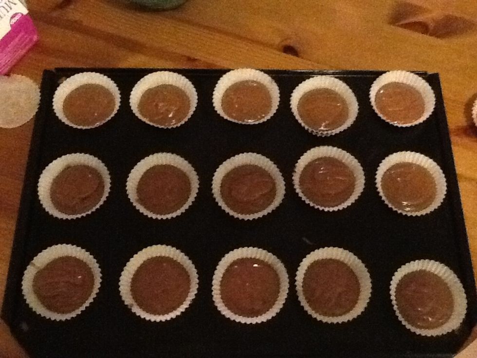 Pour the batter into the forms and set the plate in the oven. 200 degress in 12 minuets.