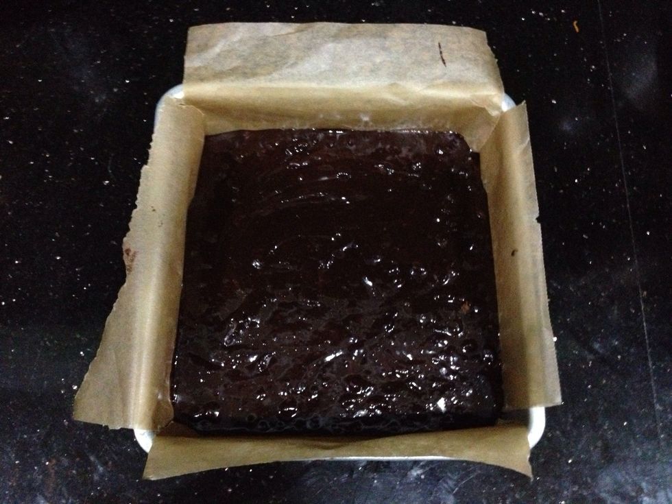 Pour the batter into your prepared lined baking dish and bake for 18-23 minutes.