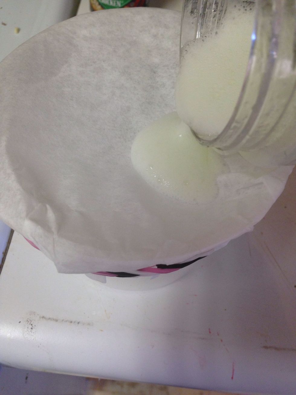 Pour the blended meat on the coffee filter. Strain until the solids remain on the filter and the juice is in the container.