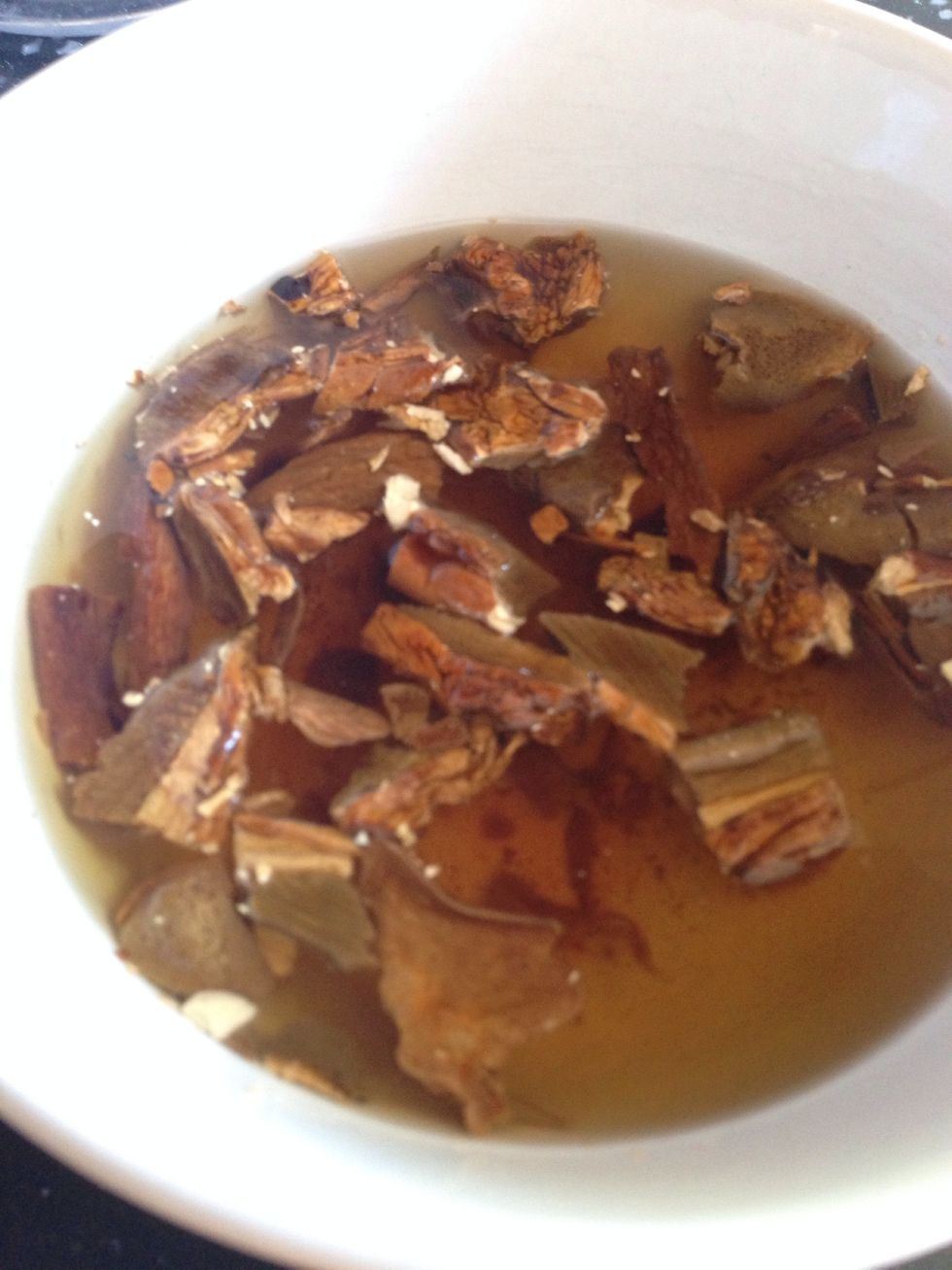 Pour the boiling water over the mushrooms and leave to soak until water is cooled to room temp