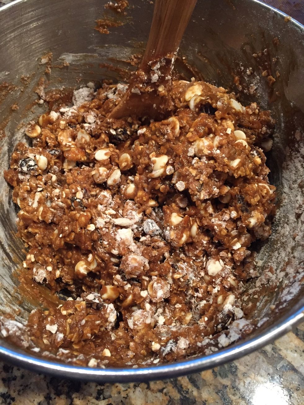 Pour the butter pumpkin mixture into your dry ingredients and w a spoon until incorporated