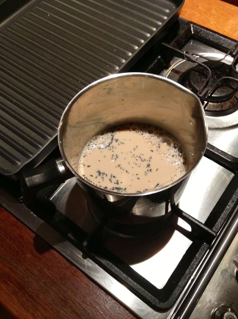 Pour the chai mixture into your saucepan and simmer on low heat for approximately 5mins. Don't leave your chai unattended! You don't want it to burn.