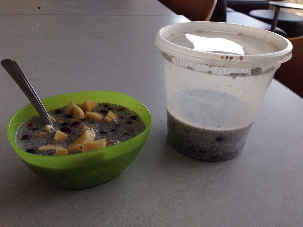 Pour the chia pudding and mix with banana. You can save the remaining chia pudding and banana for the next day :) This one traveled to work with me.