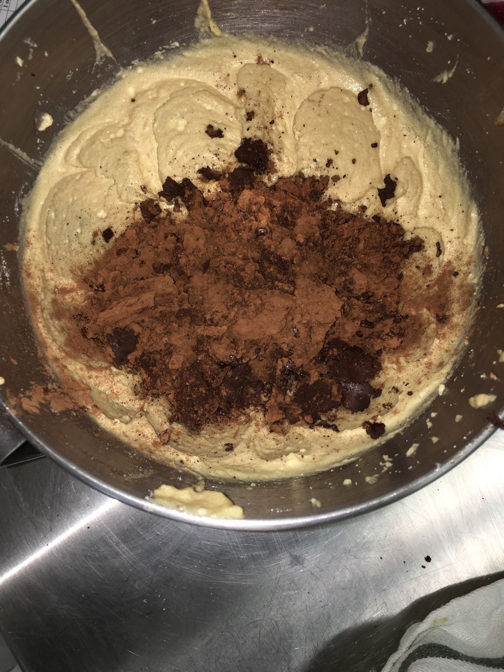 Pour the chocolate and water mix into the creamed ingredients in the stand mixer.