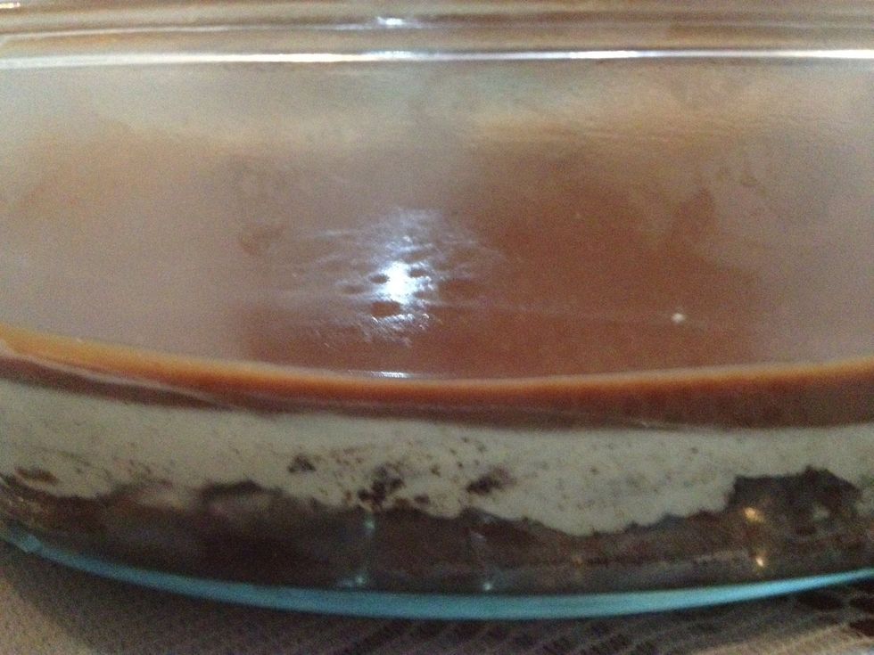 Pour the chocolate gnache on top of the cake and place it back in the fridge.