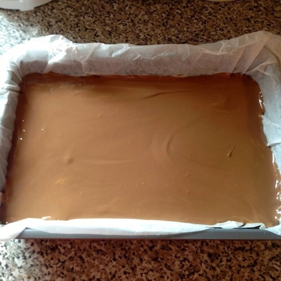 Pour the chocolate over the mixture and leave to set in the fridge for at least an hour.