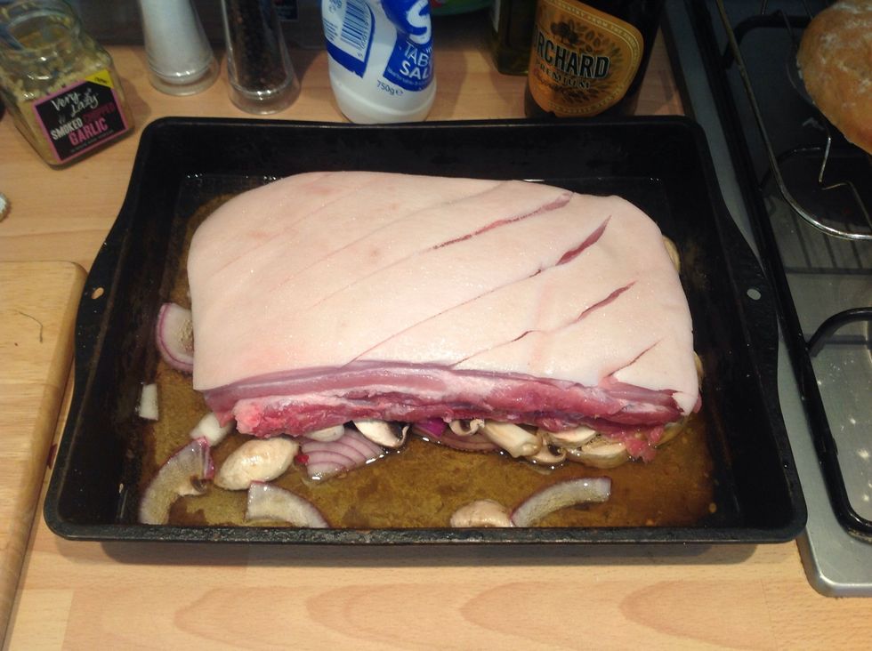 Pour the cider into the pan and then add the two tablespoons of honey. Make sure not to get any of the cider on the fat or it will be harder to crisp