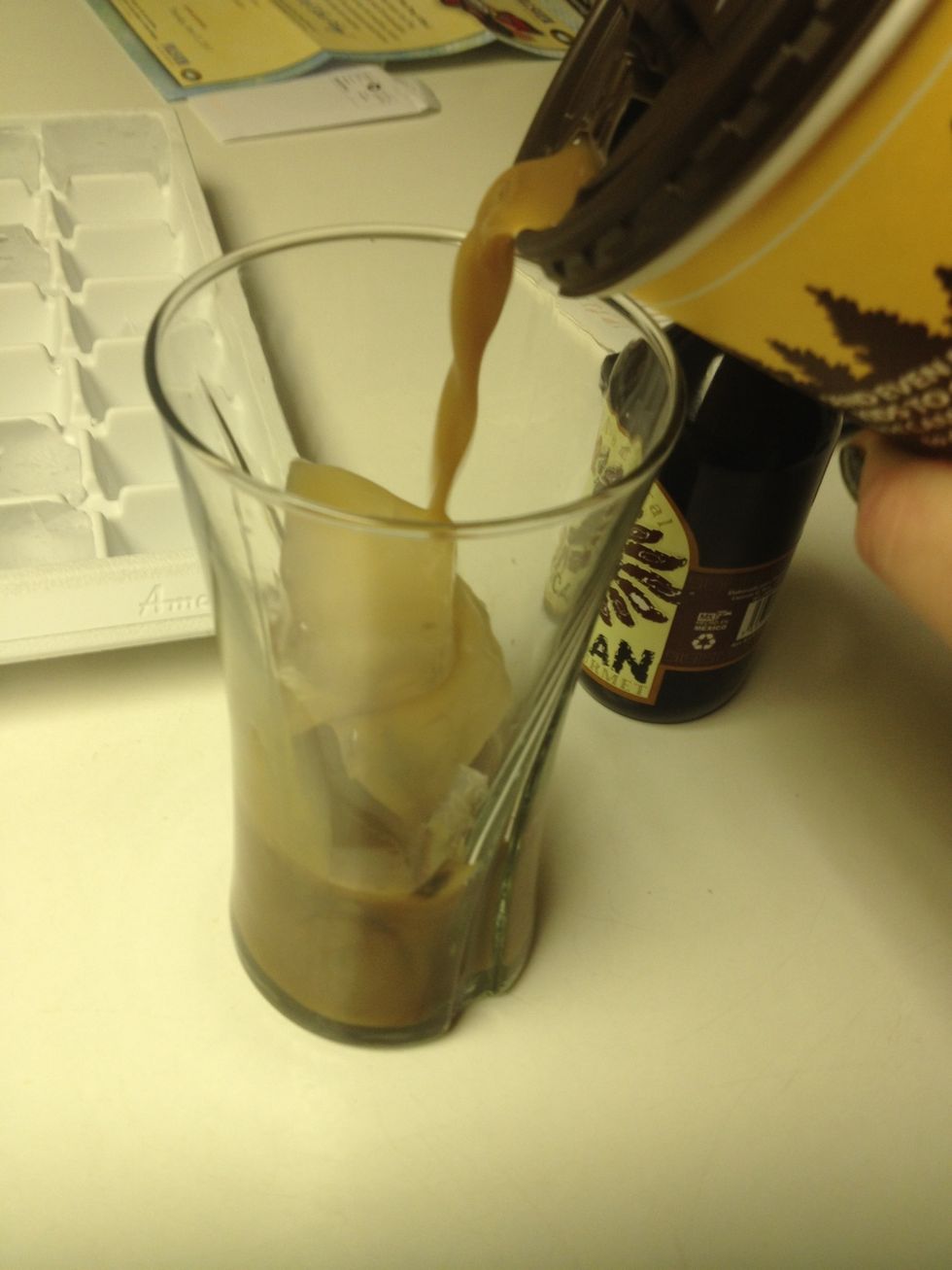 Pour the cold coffee in. I used an old Tim hortons coffee, but coffee pot coffee works great as well, just add milk as well.