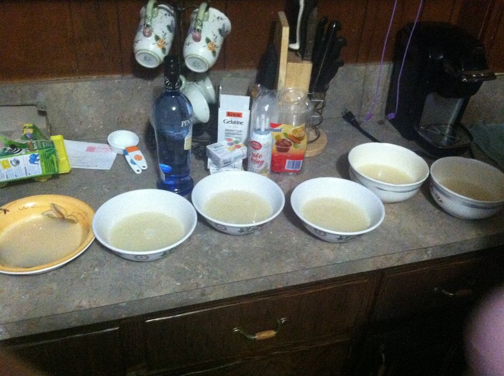 Pour the "creation" into 6 different bowls for the food coloring. We added 9 drops to each for brighter color and also we had doubled the original recipe that was found on google.