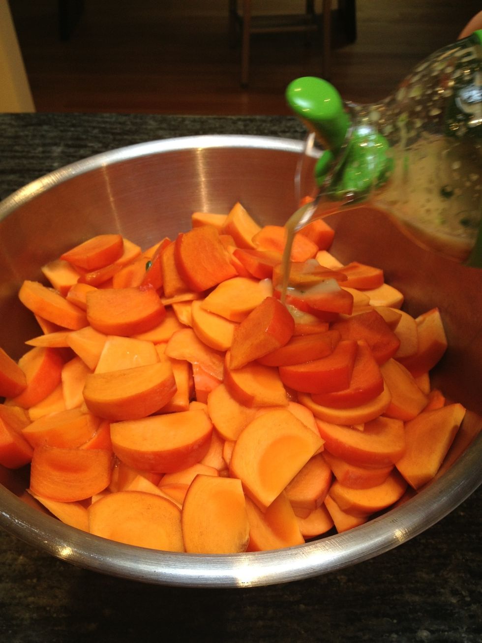 Pour the dressing into the bowl.