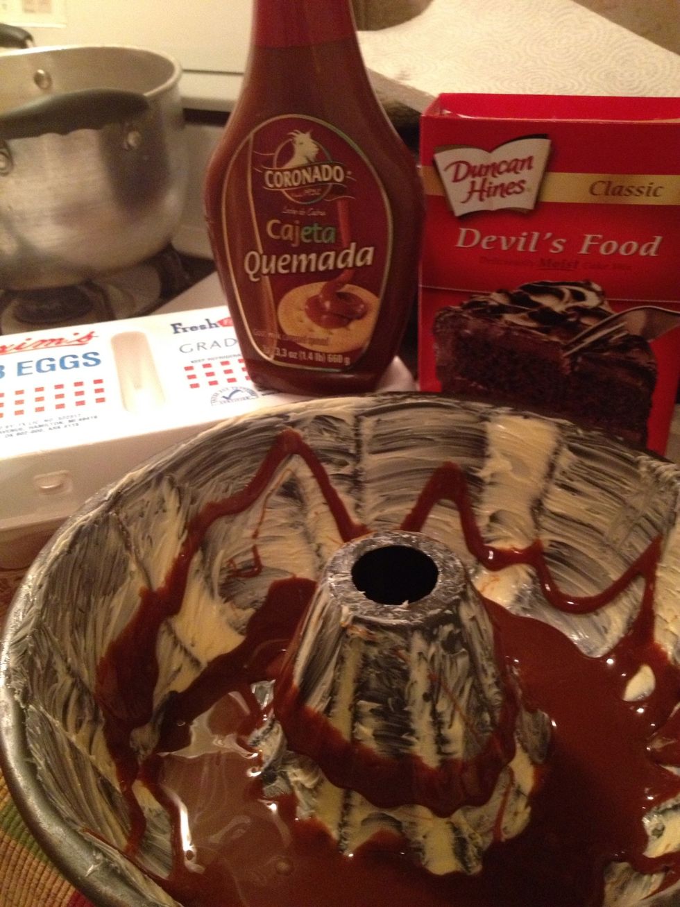 Pour the dulce de leche in the pan Use as much or as little as you'd like