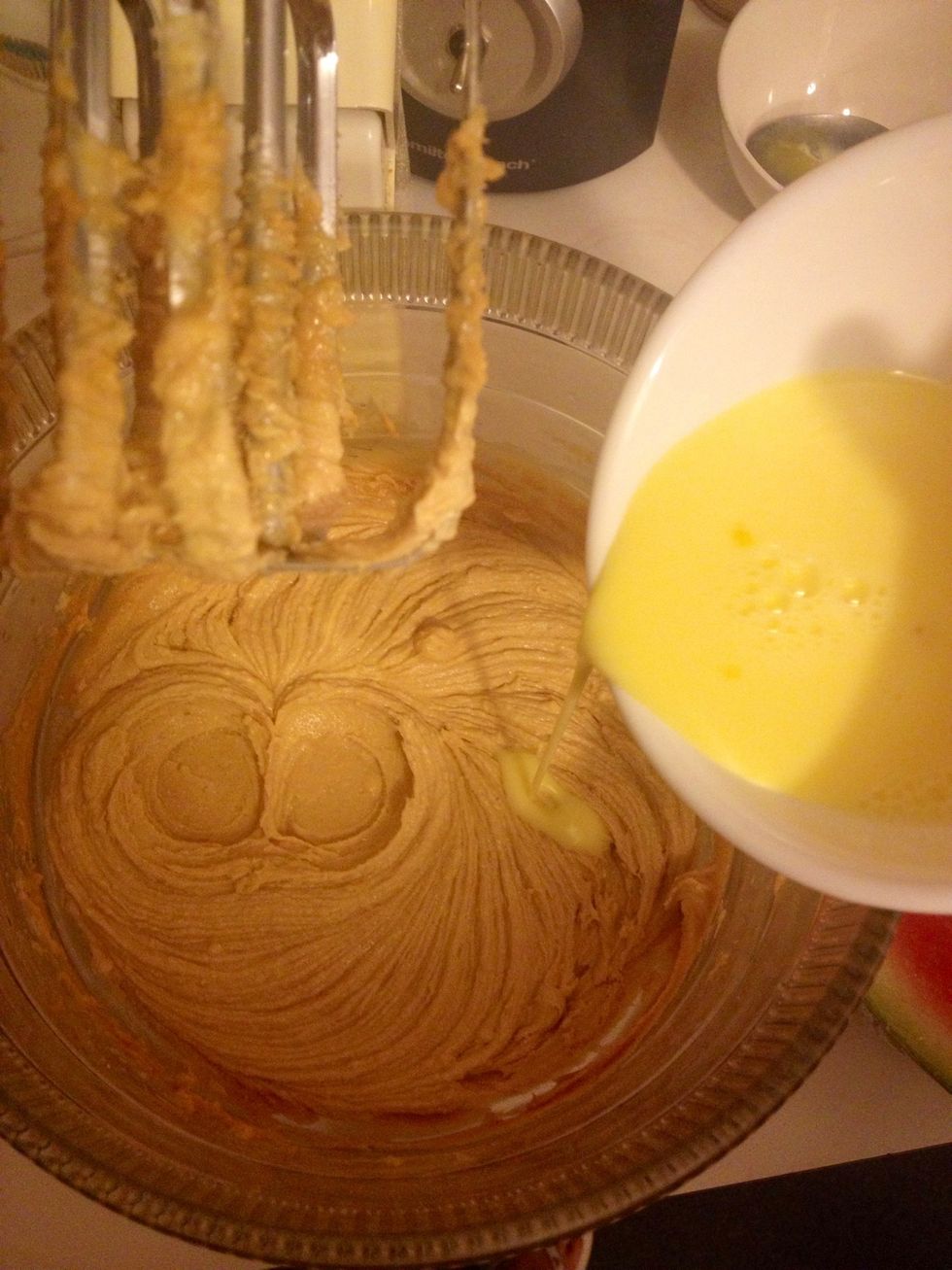 Pour the egg mixture into the peanut butter mixture and beat it until smooth
