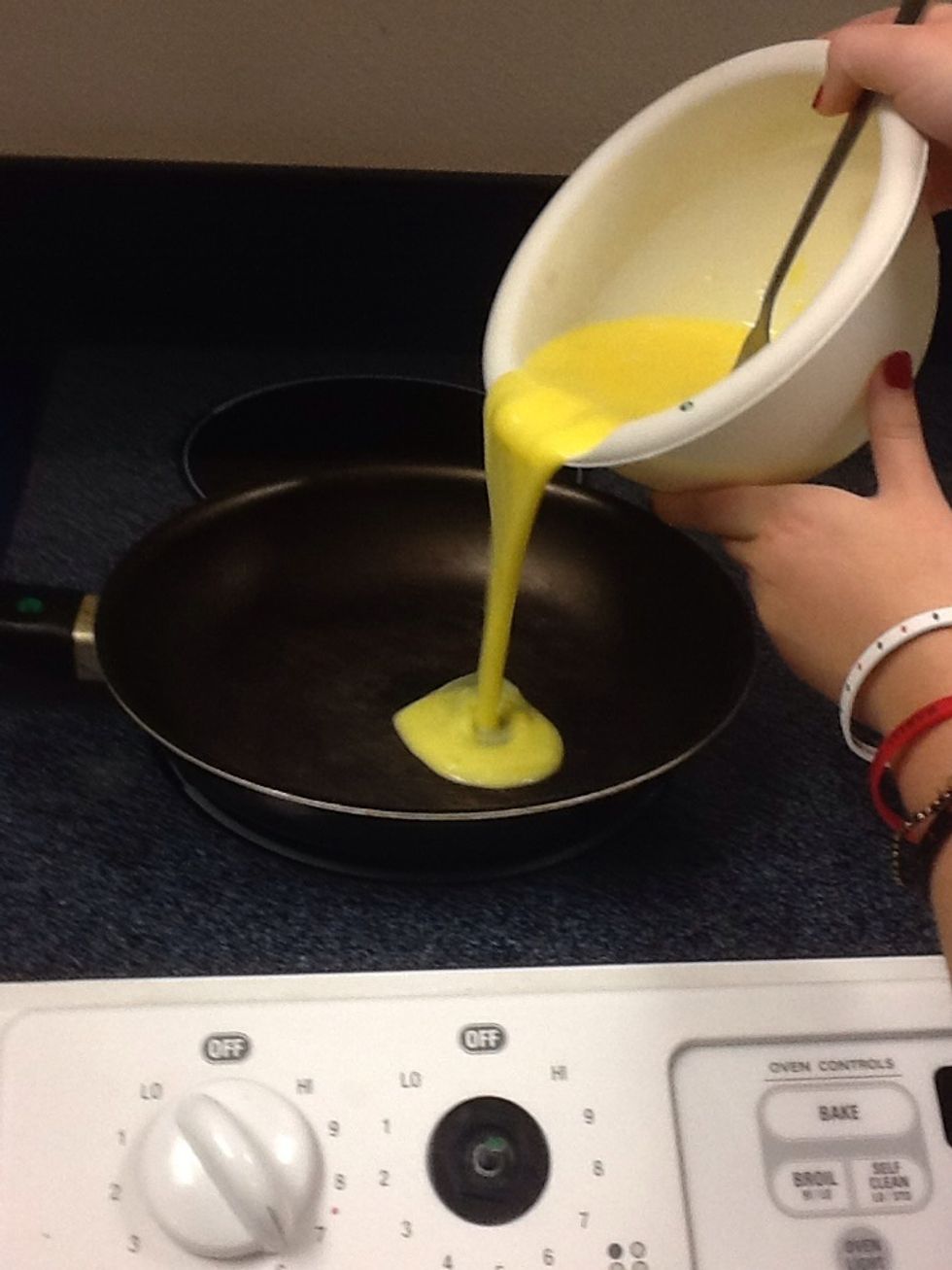 Pour the eggs on the frying pan and put the stove top on medium heat.