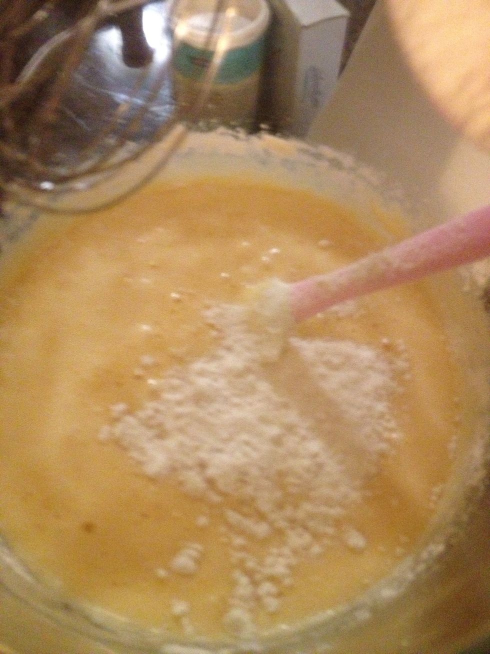 Pour the flour & butter little by little and stir through..after it mixed well , pour to the cake pan and put it on the oven for 25 mins(170C)