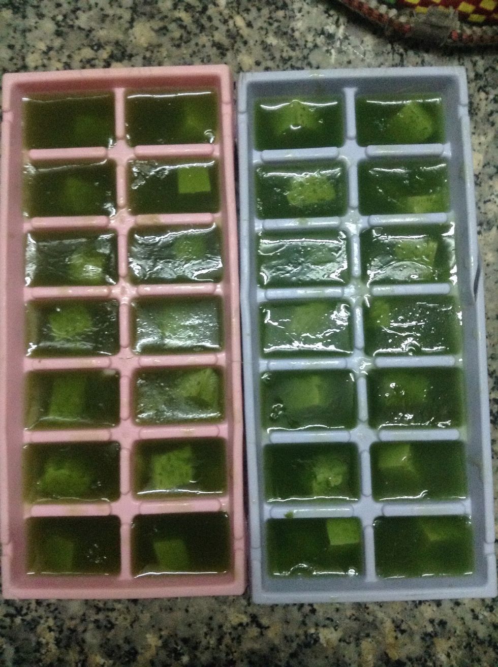 Pour the jelly mixture, you might want to work fast because the jelly might harden fast, let it cool a little bit and put it in the fridge.