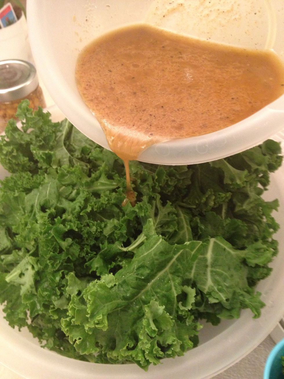 Pour the marinade over the kale. If two bowls, only pour half in one then the rest in the second bowl. (Obviously ;)