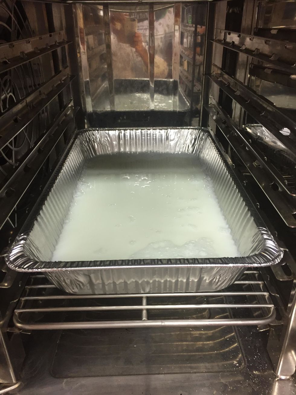 Pour the milk into the Aluminum pan and add to the Combi while it preheats.