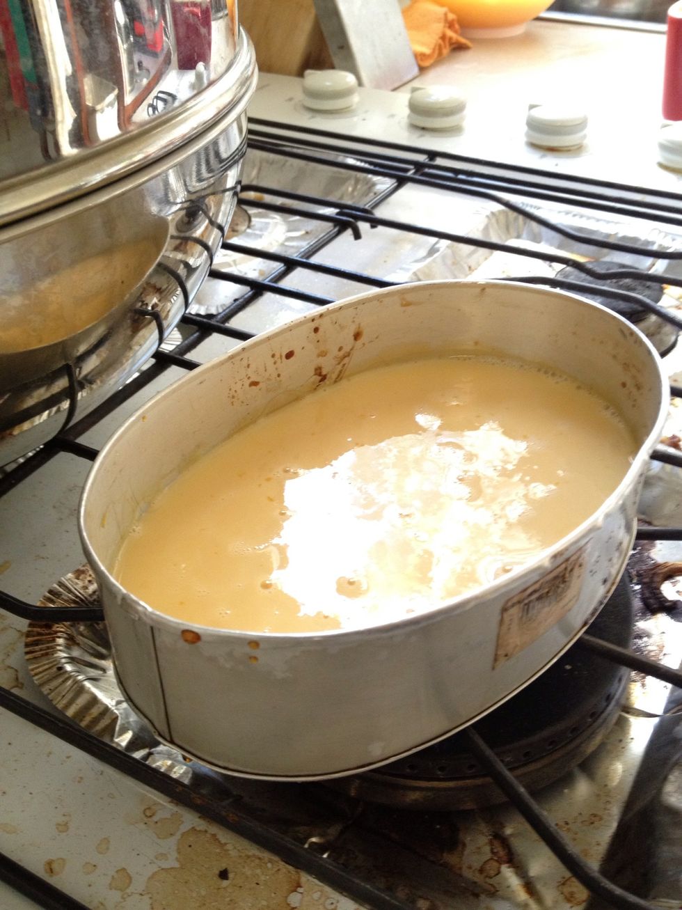 pour the mix into the pan with the caramel