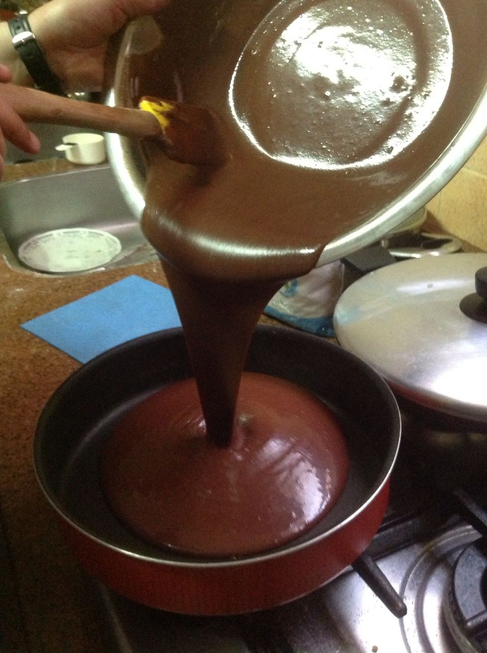 pour the mixture in a medium size pan .