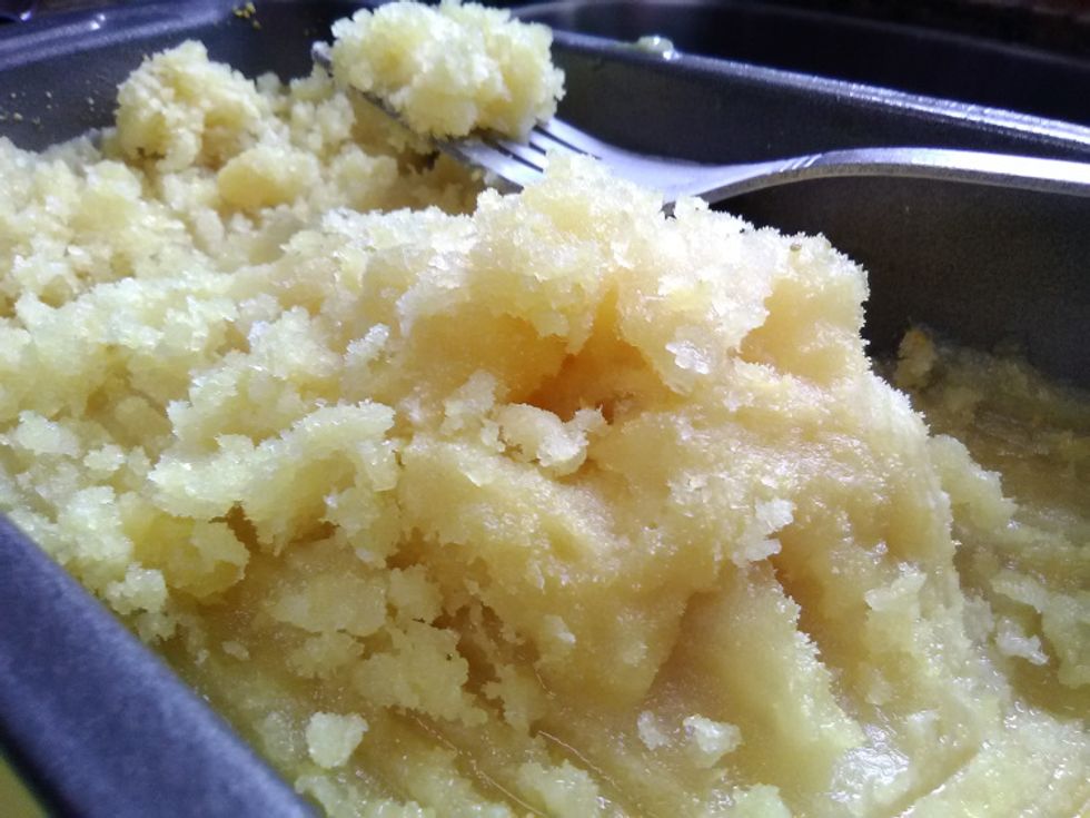 Pour the mixture into the metal loaf pan and place in the freezer for an hour or two. Take out of the freezer and scrape the ice off the sides. Continue to do this every 30 minutes.