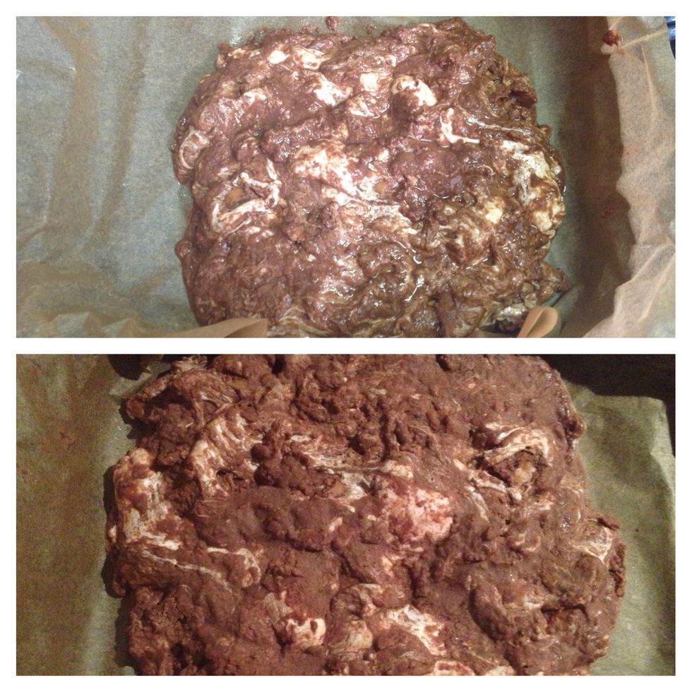 Pour the mixture into the tray to set. Place in the fridge for at least 2 hours \u23f0