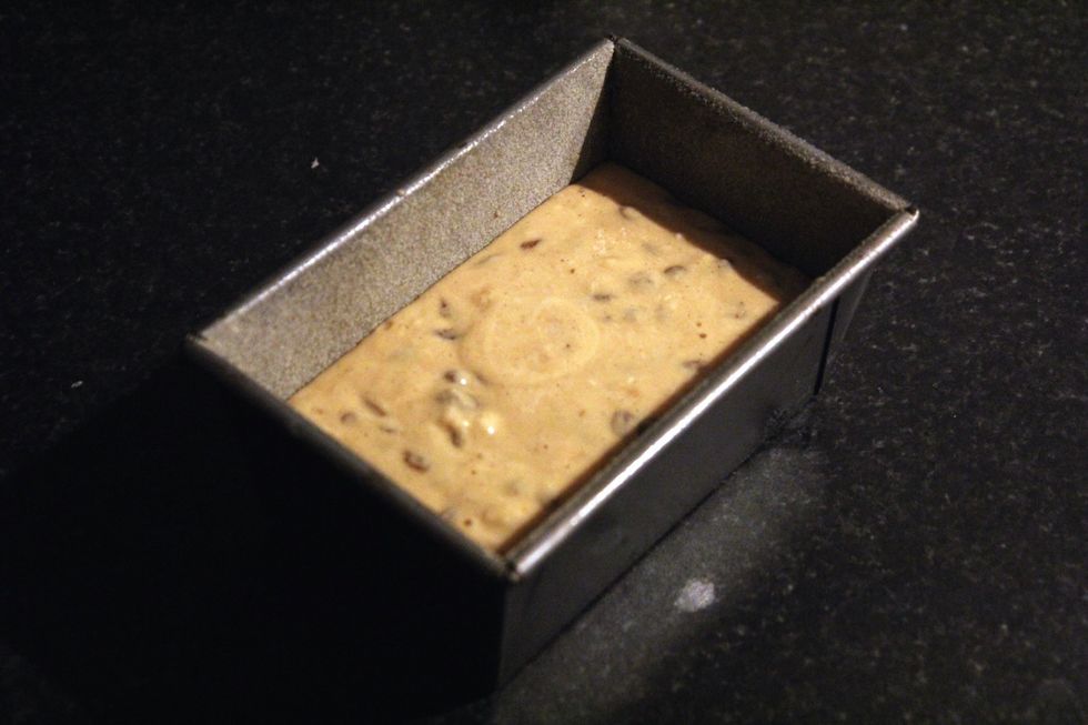 Pour the mixture into your tin and place into the pre-heated oven for 70mins. Depending on your oven it might be worth poking a skewer into the middle of the loaf to make sure that it's cooked fully.