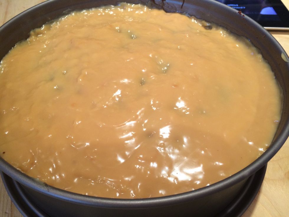 Pour the now finished condensed milk onto the cake and let it set.