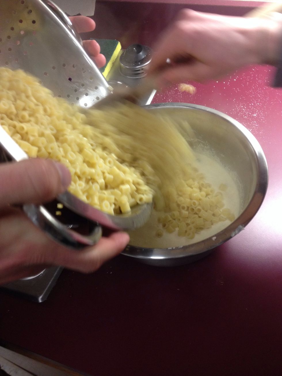 pour the pasta into the medium bowl with the other mixed  ingredients