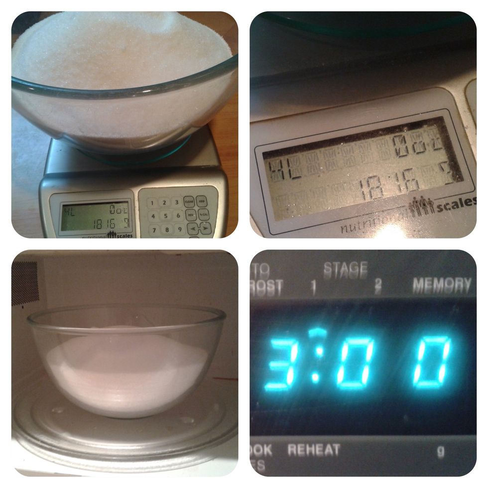 Pour the sugar into a microwaveable bowl and warm in the microwave - about 3 mins on high, this depends on the microwave wattage, so keep a close watch on the sugar.