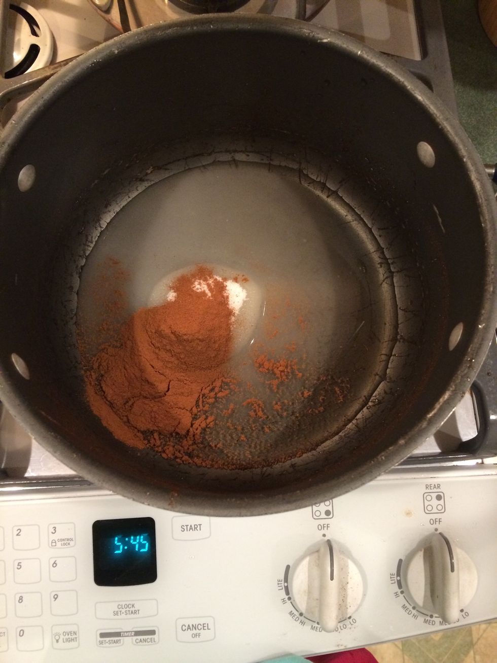 Pour the sugar, water, and cinnamon in the large pot, and heat it on the stove on medium heat.