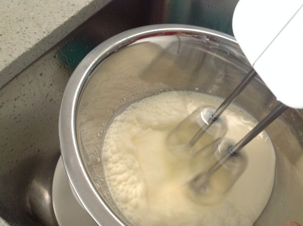 Pour the thickened cream into a bowl and beat until soft peaks form. Place whipped cream into the refrigerator to ensure it stays fresh and cold.