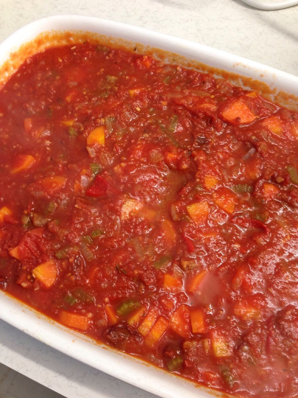 Pour the tomato mix into a large casserole dish