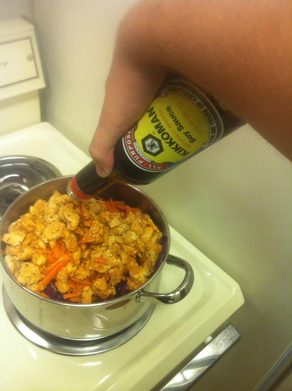 Pour to taste, but make sure there's liquid in bottom of pan so the rice and other ingredients don't burn. If you need to, add a tad of water. DO THE WITH Teriyaki sauce, but not as much as soy.