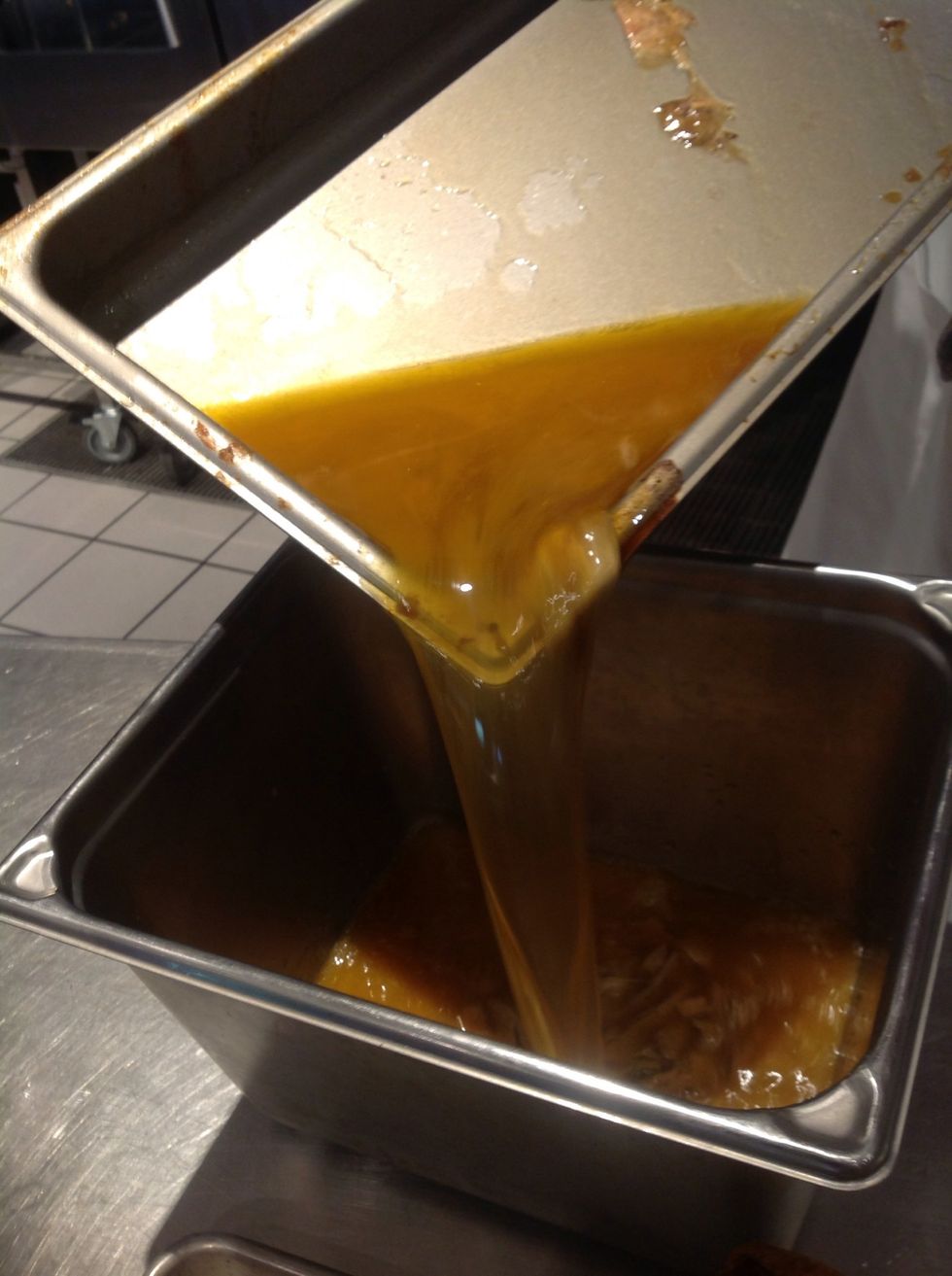 Pour warm chicken fat in deep pan collection